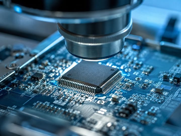 Chip sob lente de microscópio — inspeção