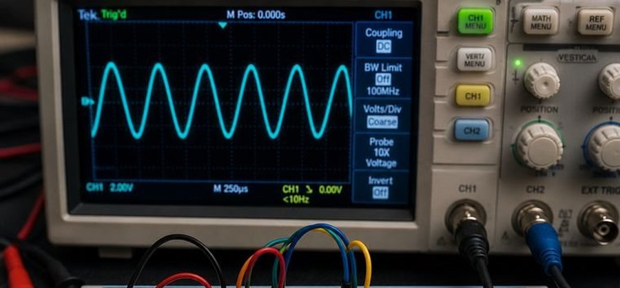 Osciloscópio na bancada exibindo a forma de onda de saída de um circuito com amplificador operacional montado em protoboard